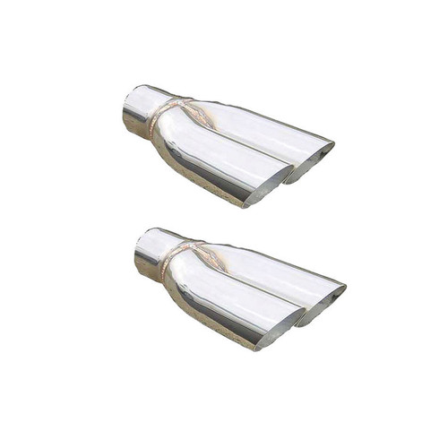 Exhaust Tip - GTO Exhaust Splitters - Slip-On - 2.5 in Inlet - Dual 2.25 in Round Outlets - 10.75 in Long - Single Wall - Cut Edge - Angled Cut - Stainless - Polished - Pair
