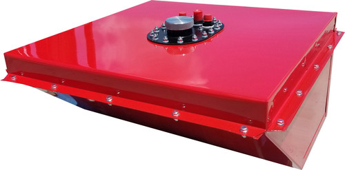 Fuel Cell and Can - Circle Track - Wedge - 16 gal - 24.5 in Wide x 24.5 in Deep x 12 in Tall - 10 AN Male Outlet - 8 AN Male Return - 8 AN Male Vent - Steel - Red Powder Coat - Each