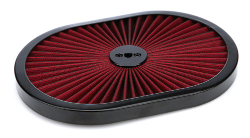 Air Cleaner Lid - Super Flow - Filtered - Red Filter - 12 in Oval - Steel - Black Paint - Each Air Cleaner Lid - Super Flow - Filtered - Red Filter - 12 in Oval - Steel - Black Paint - Each