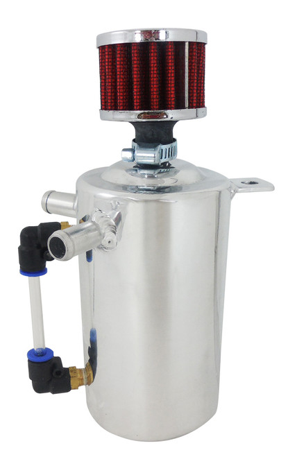 Breather Tank - Bolt-On - 3 in Diameter x 7.5 in Tall - 1 Pint - Dual 1/2 in Hose Barb Inlets - Aluminum - Natural - Each Breather Tank - Bolt-On - 3 in Diameter x 7.5 in Tall - 1 Pint - Dual 1/2 in Hose Barb Inlets - Aluminum - Natural - Each