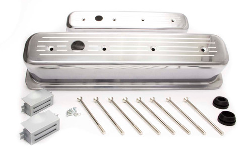 Valve Cover - Tall - 3.688 in Height - Ball Milled - Baffled - Breather Holes - Grommets / Hardware Included - Aluminum - Polished - Center Bolt - Small Block Chevy - Pair