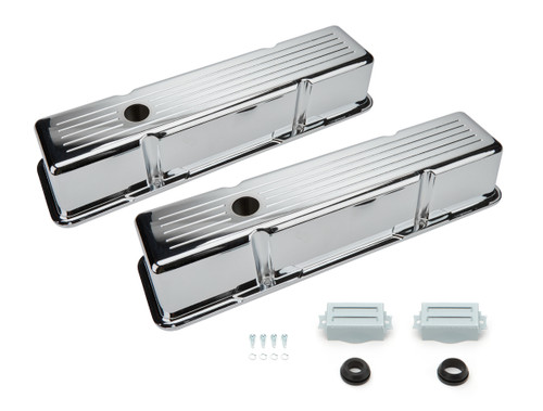 Valve Cover - Tall - 3.688 in Height - Ball Milled - Baffled - Breather Holes - Grommets Included - Aluminum - Chrome - Small Block Chevy - Pair