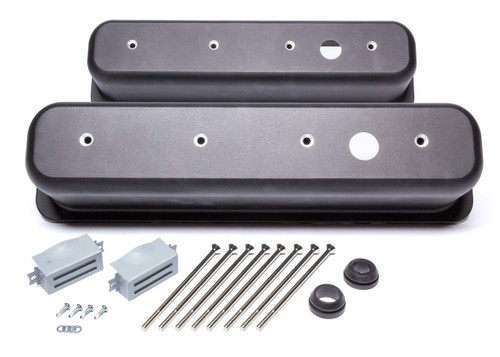 Valve Cover - Tall - 3.688 in Height - Breather Holes - Hardware Included - Aluminum - Black Paint - Center Bolt - Small Block Chevy - Pair