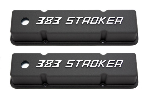 Valve Cover - Tall - 3.875 in Height - Breather Holes - Aluminum - 383 Stroker - Black Powder Coat - Small Block Chevy - Pair