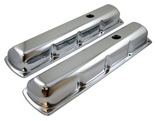 Valve Cover - Tall - 3.375 in Height - Baffled - Breather Holes - Steel - Chrome - Oldsmobile V8 - Pair
