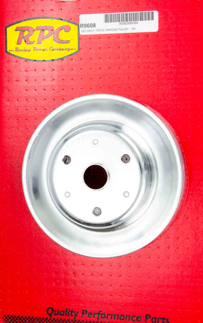 Crankshaft Pulley - V-Belt - 3 Groove - 7.8 in Diameter - Steel - Chrome - Long Water Pump - Small Block Chevy - Each Crankshaft Pulley - V-Belt - 3 Groove - 7.8 in Diameter - Steel - Chrome - Long Water Pump - Small Block Chevy - Each
