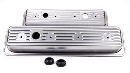 Valve Cover - Short - 2.375 in Height - Ribbed - Baffled - Breather Holes - Grommets Included - Steel - Natural - Center Bolt - Small Block Chevy - Pair