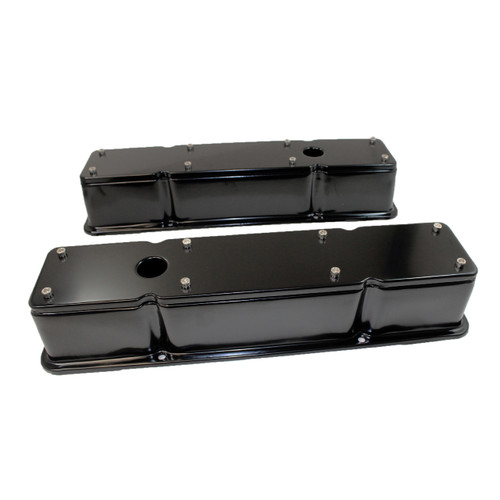 Valve Cover - Tall - 3.813 in Height - Breather Hole - Hidden Coils - 2-Piece - Steel - Black Powder Coat - Small Block Chevy - Pair