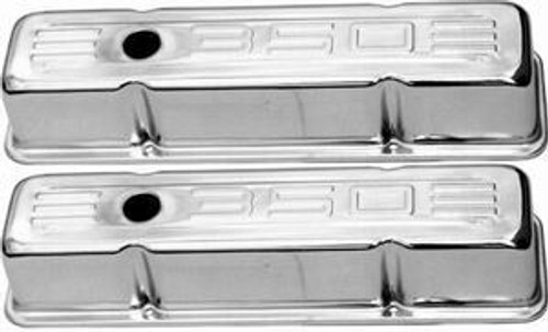 Valve Cover - Tall - 3.625 in Height - Ribbed - Baffled - Breather Holes - Grommets Included - 350 Logo - Steel - Polished - Small Block Chevy - Pair