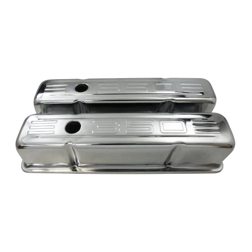 Valve Cover - Tall - 3.625 in Height - Ribbed - Baffled - Breather Holes - Grommets Included - 350 Logo - Steel - Polished - Small Block Chevy - Pair
