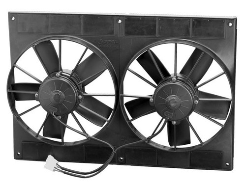 Electric Cooling Fan - High Performance - Dual 11 in Fan - Puller - 2720 CFM - 12V - Paddle Blade - 16.25 x 23.5 in - 4.25 in Thick - Plastic - Each