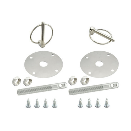 Hood Pin - 0.5 in OD x 4 in Long - 2.25 in OD Scuff Plates - Torsion Clips - Hardware Included - Aluminum - Clear Anodized - Kit