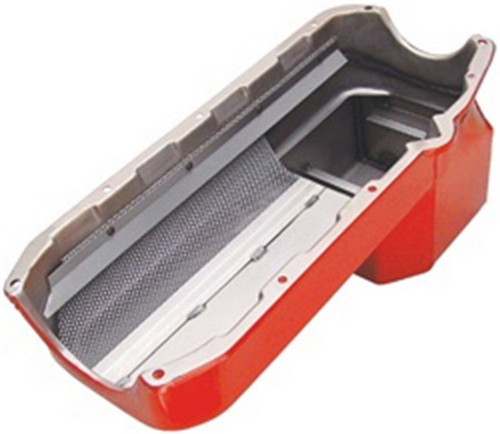 Engine Oil Pan - Econo-Series - Rear Sump - 7 qt - 9.25 in Deep - Pickup / Gasket Included - Steel - Red Paint - 2-Piece Seal - Small Block Chevy - Kit Engine Oil Pan - Econo-Series - Rear Sump - 7 qt - 9.25 in Deep - Pickup / Gasket Included - Steel - Red Paint - 2-Piece Seal - Small Block Chevy - Kit