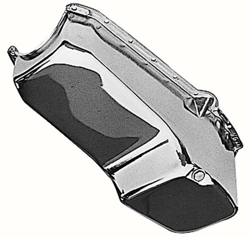 Engine Oil Pan - OEM Style - Rear Sump - 4 qt - Stock Depth - Steel - Chrome - 2-Piece Seal - Small Block Chevy - Each