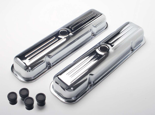 Valve Cover - Stock Height - Ribbed - Breather Holes - Steel - Chrome - Pontiac V8 - Pair