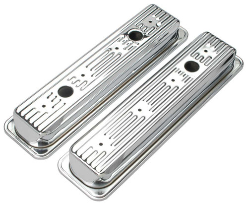 Valve Cover - Stock Height - Ribbed - Baffled - Breather Holes - Steel - Chrome - GM Trucks - Center Bolt - Small Block Chevy - Pair