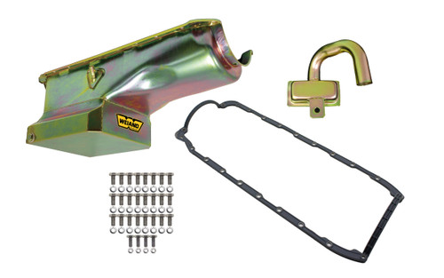 Engine Oil Pan Kit - Fabricated - Rear Sump - 6 qt - 8.25 in Deep - Gasket / Hardware / Pickup - Steel - Gold Zinc - 2-Piece Seal - Drag - Big Block Chevy - Kit