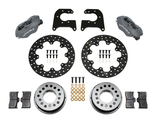 Brake System - Forged Dynalite - Rear - 4 Piston Caliper - 11.440 in Drilled Steel Rotor - Offset Hat - Aluminum - Gray Anodized - Big Ford - Kit