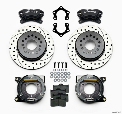 Brake System - Forged Dynalite - Rear - 4 Piston Caliper - 12.190 in Drilled / Slotted Iron Rotor - Parking Brake - 2-1/2 in Offset - Aluminum - Black Powder Coat - Mopar / Dana - Kit