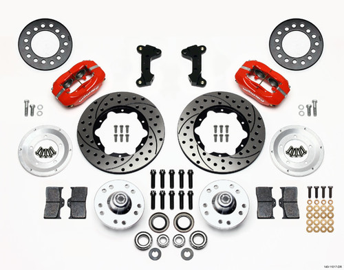Brake System - Forged Dynalite Pro Series - Front - 4 Piston Caliper - 11.00 in Drilled / Slotted Iron Rotor - Offset - Aluminum - Red Powder Coat - Ford Mustang 1974-78 - Kit
