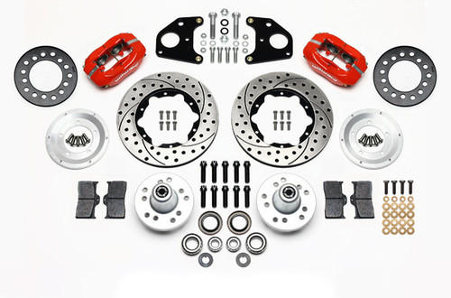 Brake System - Forged Dynalite Pro Series - Front - 4 Piston Caliper - 11.000 in Drilled / Slotted Iron Rotor - Offset - Aluminum - Red Powder Coat - Mopar B-Body / E-Body 1962-72 - Kit