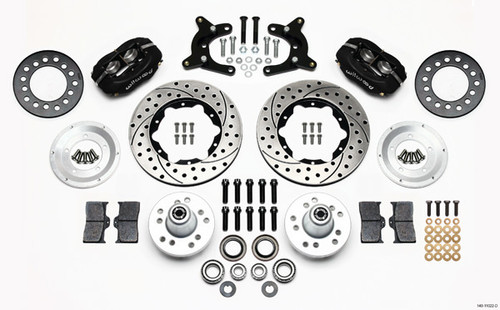 Brake System - Forged Dynalite Pro Series - Front - 4 Piston Caliper - 11.000 in Drilled / Slotted Iron Rotor - Offset - Aluminum - Black Powder Coat - Mopar A-Body 1962-72 - Kit
