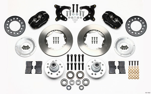 Brake System - Forged Dynalite Pro Series - Front - 4 Piston Caliper - 11.000 in Plain Iron Rotor - Offset - Aluminum - Black Powder Coat - Mopar A-Body 1965-72 - Kit