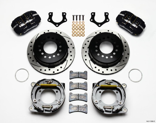 Brake System - Dynapro Low-Profile - Rear - 4 Piston Caliper - 11.000 in Drilled / Slotted Iron Rotor - Parking Brake / Offset Hat - Aluminum - Black Powder Coat - Mopar / Dana - Kit