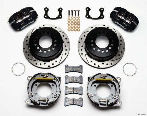 Brake System - Dynapro Low-Profile - Rear - 4 Piston Caliper - 11.000 in Drilled / Slotted Iron Rotor - Parking Brake / Offset Hat - Aluminum - Black Powder Coat - Big Ford - Kit
