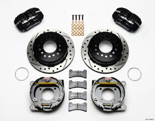 Brake System - Dynapro Low-Profile - Rear - 4 Piston Caliper - 11.000 in Drilled / Slotted Iron Rotor - Parking Brake / Offset Hat - Aluminum - Black Powder Coat - GM 1968-96 - Kit