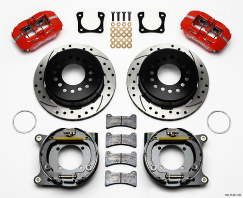 Brake System - Dynapro Low-Profile - Rear - 4 Piston Caliper - 11.000 in Slotted / Drilled Iron Rotor - Aluminum - Red Powder Coat - GM 12-Bolt - Kit Brake System - Dynapro Low-Profile - Rear - 4 Piston Caliper - 11.000 in Slotted / Drilled Iron Rotor - Aluminum - Red Powder Coat - GM 12-Bolt - Kit