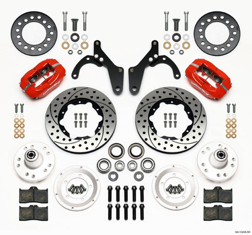 Brake System - Dynalite Pro Series - Front - 4 Piston Caliper - 11.000 in Drilled / Slotted Iron Rotor - Aluminum - Red Powder Coat - GM B-Body / Corvette 1959-64 - Kit