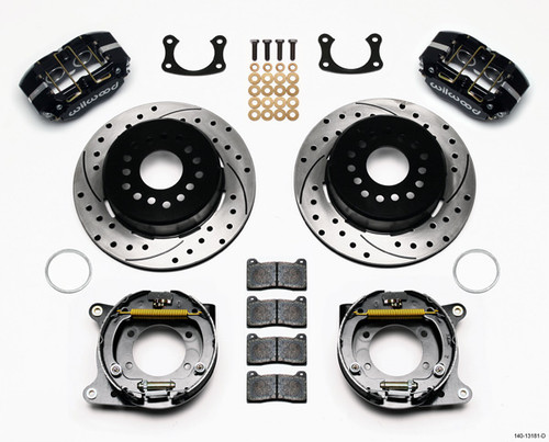 Brake System - Dynapro Lug Mount - Rear - 4 Piston - 12.190 in Drilled / Slotted Iron Rotor - Offset - Parking Brake - Aluminum - Black Powder Coat - New Big Ford - Kit
