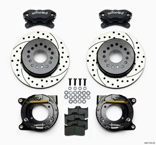 Brake System - Dynalite - Rear - 4 Piston Caliper - 12.000 in Drilled / Slotted Iron Rotor - Offset Hat / Parking Brake - Aluminum - Black Powder Coat - GM 12-Bolt - Kit