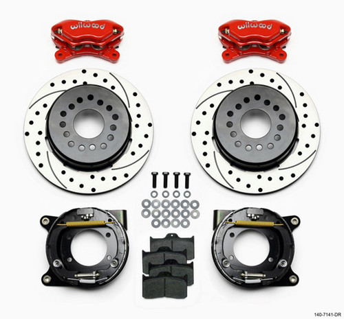 Brake System - Dynalite - Rear - 4 Piston Caliper - 12.000 in Drilled / Slotted Iron Rotor - Offset Hat / Parking Brake - Aluminum - Red Powder Coat - GM 12-Bolt - Kit