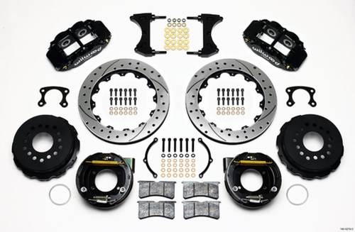 Brake System - 4R - Front - 4 Piston Caliper - 12.875 in Drilled / Slotted Iron Rotor - Offset - Aluminum - Black Powder Coat - Big Ford New Style - Kit