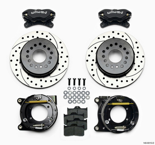 Brake System - Dynalite - Rear - 4 Piston Caliper - 12.188 in Drilled / Slotted Iron Rotor - Offset Hat / Parking Brake - Aluminum - Black Powder Coat - GM 12-Bolt - Kit