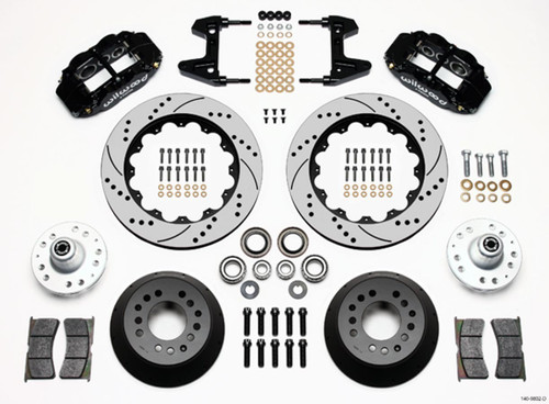 Brake System - Forged Narrow Superlite 6R Big Brake - Front - 6 Piston Caliper - 14 in Drilled / Slotted Iron Rotor - Offset - Aluminum - Black Powder Coat - Ford Mustang 1974-78 - Kit
