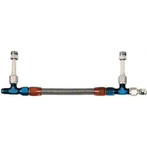Carburetor Fuel Line - 6 AN Male Inlet - Dual 9/16-24 in Male Outlets - Braided Stainless Hose - Blue / Red / Silver - Holley 4150 - Kit Carburetor Fuel Line - 6 AN Male Inlet - Dual 9/16-24 in Male Outlets - Braided Stainless Hose - Blue / Red / Silver - Holley 4150 - Kit