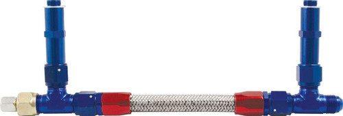 Carburetor Fuel Line - 8 AN Male Inlet - Dual 9/16-24 in Male Outlets - Braided Stainless Hose - Blue / Red / Silver - Demon - Kit Carburetor Fuel Line - 8 AN Male Inlet - Dual 9/16-24 in Male Outlets - Braided Stainless Hose - Blue / Red / Silver - Demon - Kit