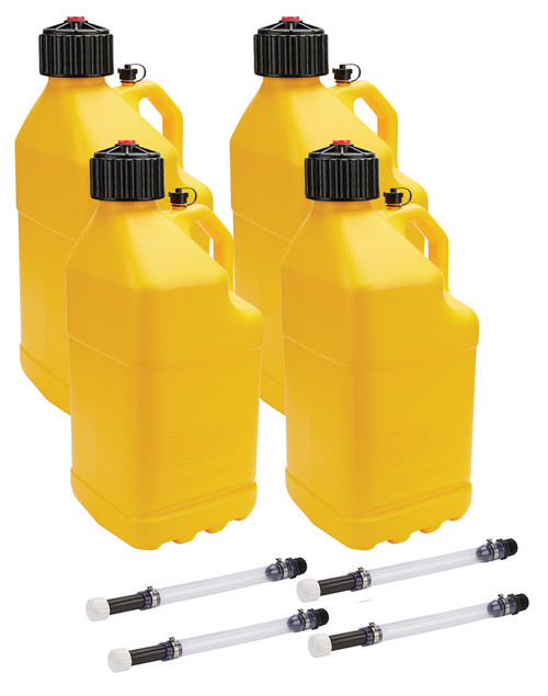 Utility Jug - 5 gal - 9.5 x 9.5 x 22.75 in Tall - O-Ring Seal Cap - Screw-On - Vent - Filler Hose - Square - Plastic - Yellow - Set of 4
