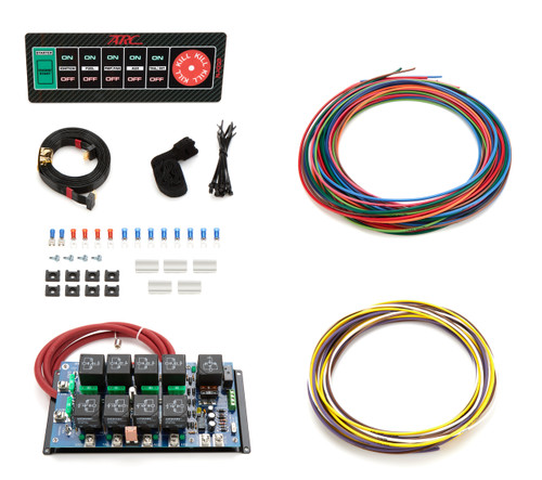 Switch Panel - Roll Bar Mount - 8.75 x 3.25 in - 7 Flat Switches - Fused - Indicator Lights - Relay Board / Wiring Included - White Interior Light - Carbon Fiber Look - Kit