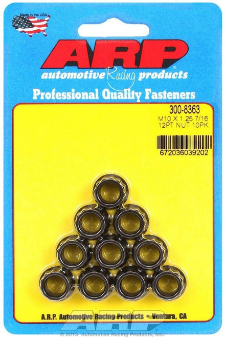 Nut - 10 mm x 1.25 Thread - 12 mm 12 Point Head - Small Collar - Chromoly - Black Oxide - Set of 10
