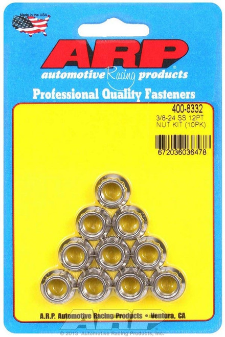 Nut - 3/8-24 in Thread - 7/16 in 12 Point Head - Stainless - Polished - Set of 10