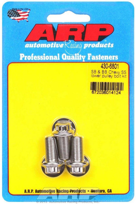Crankshaft Pulley Bolt Kit - High Performance - 3/8-24 in Thread - 0.750 in Long - 3/8 in 12 Point Head - Stainless - Polished - Chevy V8 - Set of 3 Crankshaft Pulley Bolt Kit - High Performance - 3/8-24 in Thread - 0.750 in Long - 3/8 in 12 Point Head - Stainless - Polished - Chevy V8 - Set of 3