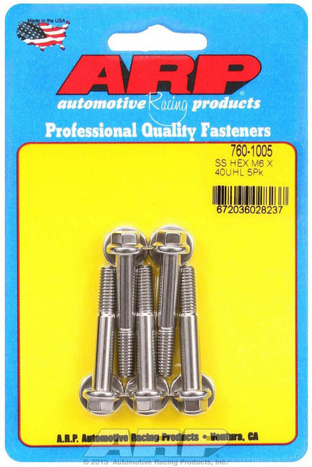 Bolt - 6 mm x 1.00 Thread - 40 mm Long - 8 mm Hex Head - Stainless - Polished - Universal - Set of 5 Bolt - 6 mm x 1.00 Thread - 40 mm Long - 8 mm Hex Head - Stainless - Polished - Universal - Set of 5