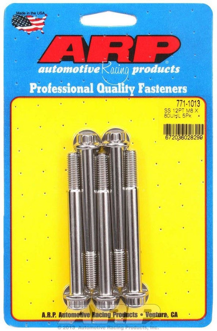 Bolt - 8 mm x 1.25 Thread - 80 mm Long - 10 mm 12 Point Head - Stainless - Polished - Universal - Set of 5
