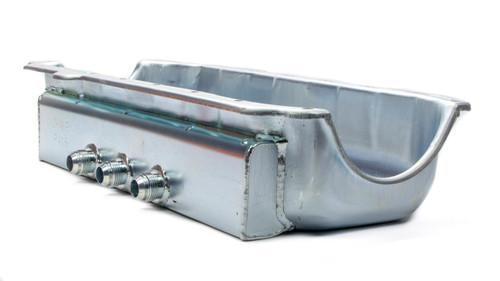 Engine Oil Pan - Dry Sump - 4.5 in Deep - Three 12 AN Male Passenger Side Pickups - Steel - Zinc Plated - 2-Piece Seal - Small Block Chevy - Each Engine Oil Pan - Dry Sump - 4.5 in Deep - Three 12 AN Male Passenger Side Pickups - Steel - Zinc Plated - 2-Piece Seal - Small Block Chevy - Each