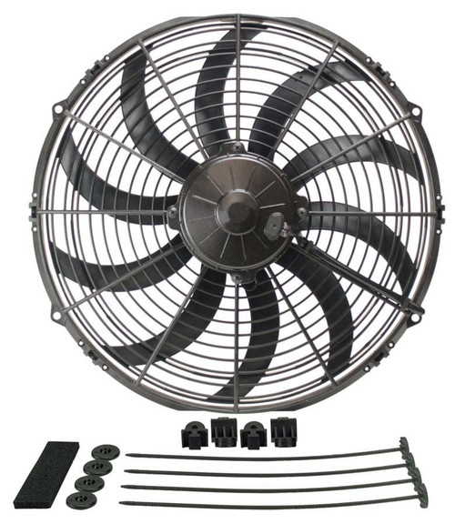 Electric Cooling Fan - High Output - 14 in Fan - Puller - 1864 CFM - 12V - Curved Blade - 15 x 14.5 in - 3.5 in Thick - Install Kit - Plastic - Kit