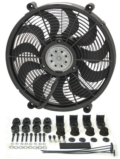 Electric Cooling Fan - HO RAD - 17 in Fan - Push / Pull - 2400 CFM - 12V - Curved Blade - 16.875 x 15.625 in - 2.625 in Thick - Install Kit - Plastic - Kit